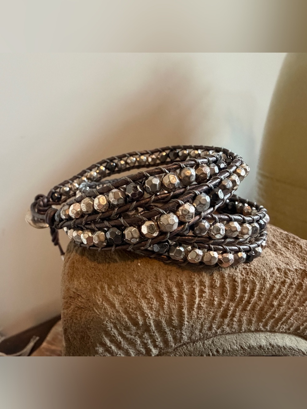 Facetted Chrome and Black Beaded Wrap Bracelet with adjustable clasp